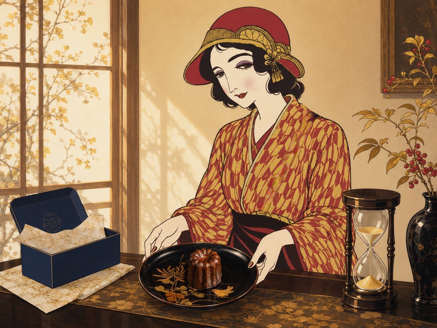 常温で自然解凍を待つ和装の女性と砂時計