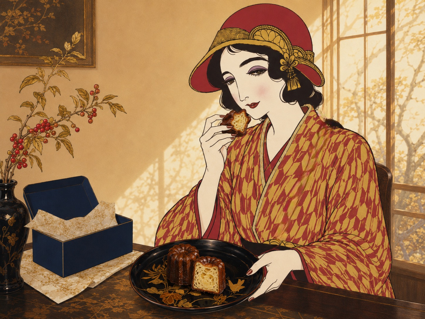 外はカリッ、中はしなやかなカヌレを味わう和装の女性